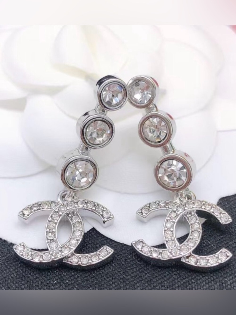 Double C Silver-Tone Strass Crystal Embellished Logo Dangle Earrings